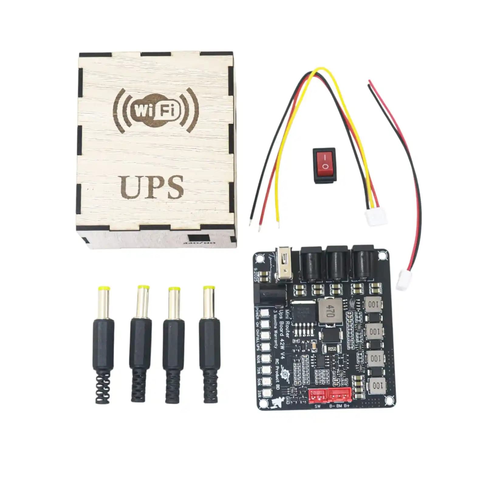 Mini Router UPS Board 42W V4 Combo Pack (1 Circuit, 1 Case, 1 Switch, 4 Connectors, Wire)